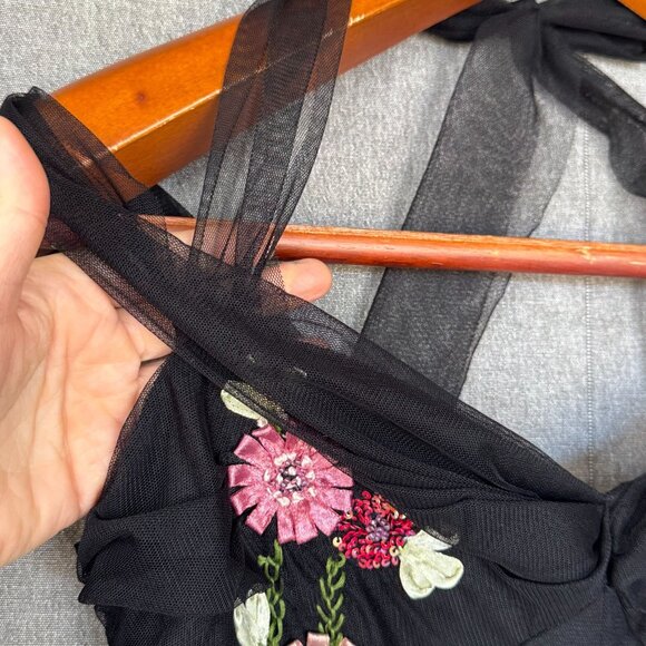 Vintage Y2K Charlotte Russe Black Tulle Satin Floral Applique Off Shoulder Top - Picture 2 of 15